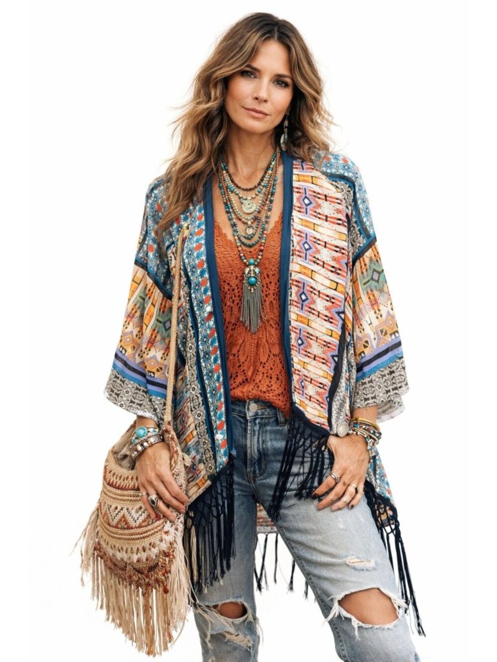 Boho Artsy Indie Santa Fe Multicolor Open Front Kimono Fringe Cardigan Womens M